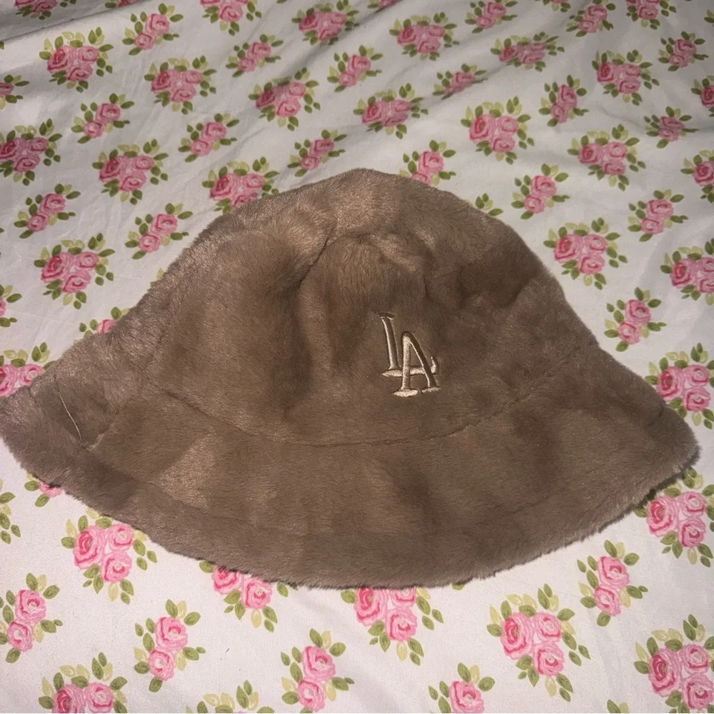 Fuzzy Brown Nude Color LA Bucket Hat with Adjustable Straps